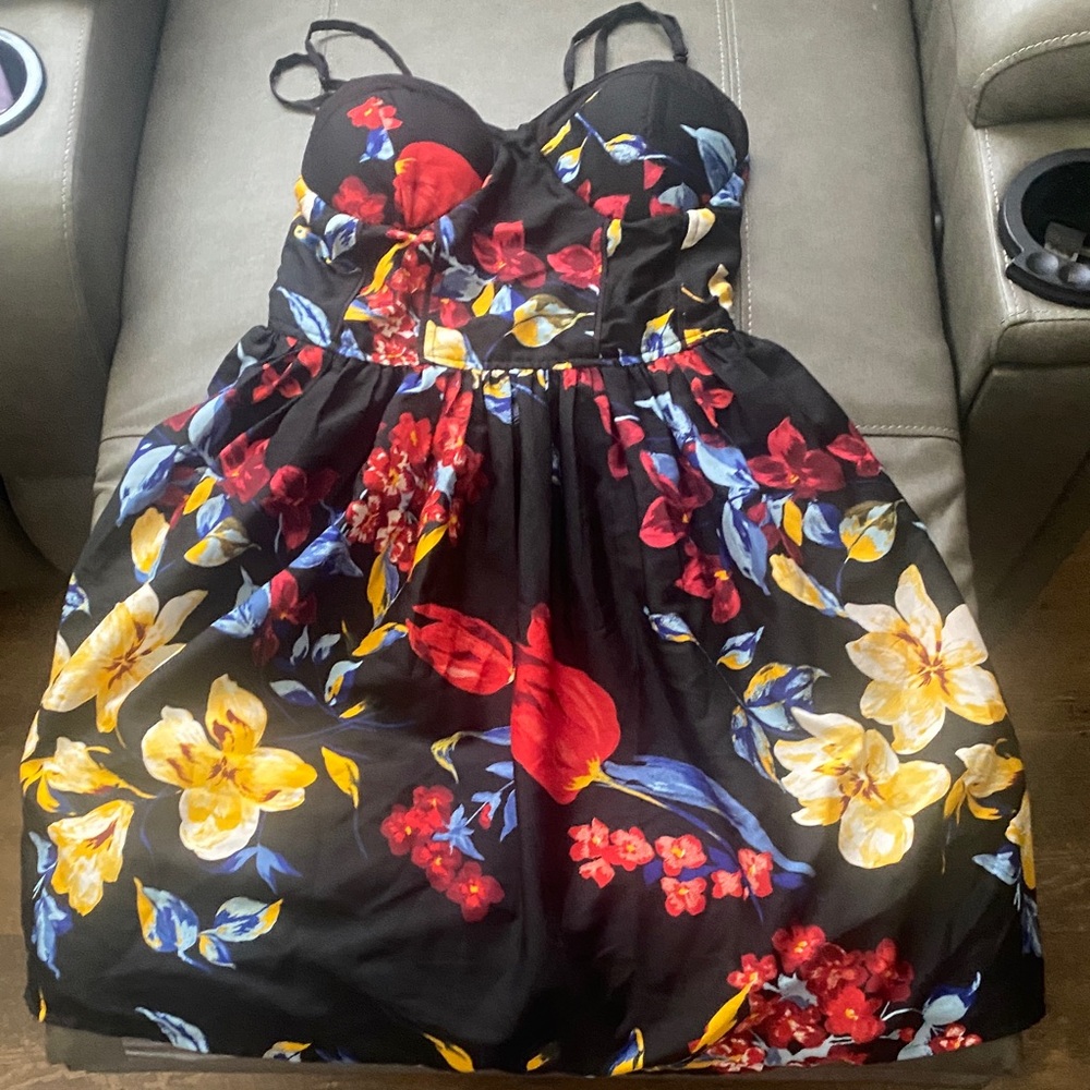 Vibrant Floral Womens Dress - Black with Red and Yellow